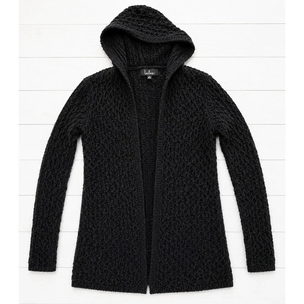 Lulus Black Hooded Longline Cardigan Open Knit Sweater Small Crochet Style Boho